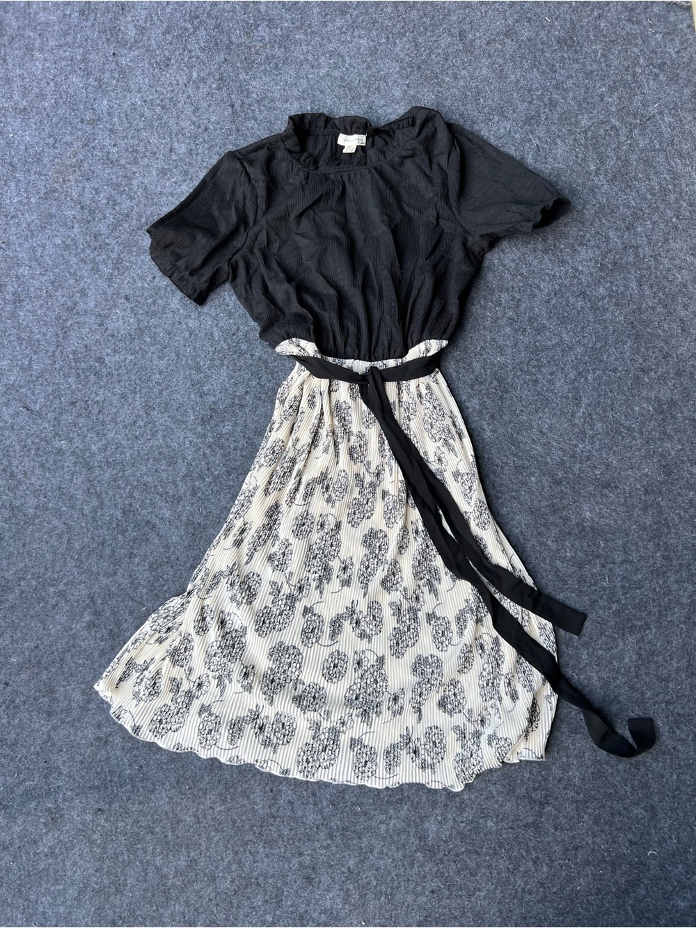 Faith and Joy Black Top with Cream Floral Pleated Midi Skirt